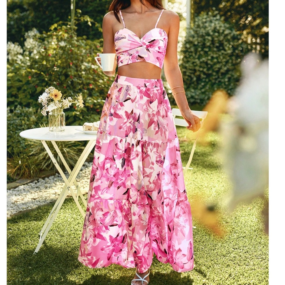 Boho Floral Print Shirred Crop Top Maxi Skirt Set